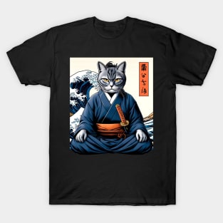 Vaporwave Samurai Cat Great Wave Off Kanagawa T-Shirt